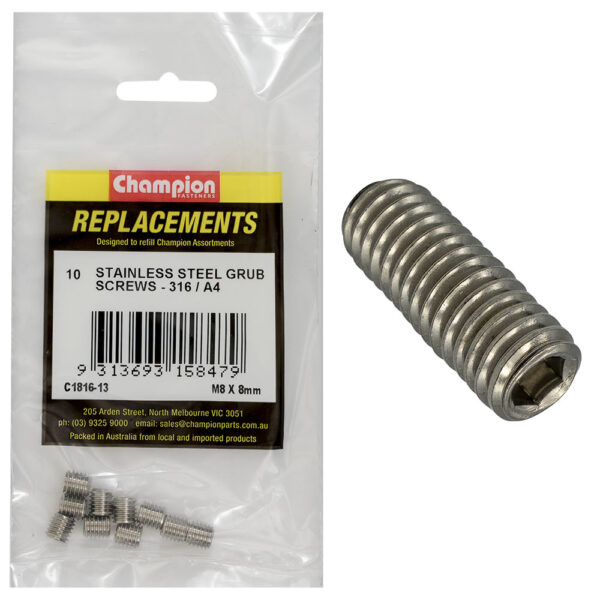 GRUB SCREWS-STAINLESS STEEL-M8 x 8mm-316/A4